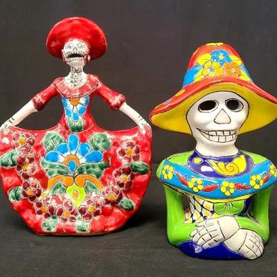 Dazzling Day Of The Dead Ceramic Statuary From Mexico - Hand Painted Home Decor