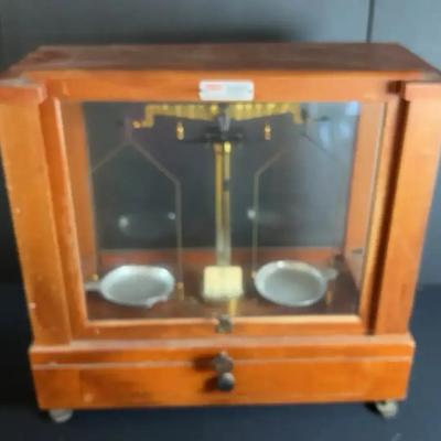 Vintage Apothecary Balance Scale in Wood & Glass Case