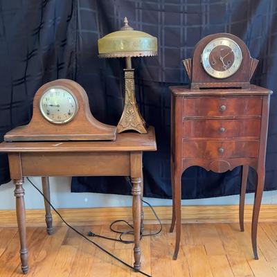 Antique Wooden Clocks, Vintage Lamp & Wooden Side Tables