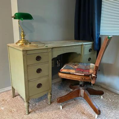 Green Wood Dresser and Desk Set with Lamp and Chair