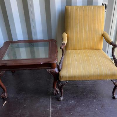 Glass-Top Side Table and Yellow Accent Chair