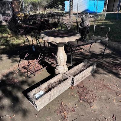 Concrete Bird Bath, Planters, Bench & Metal Flower Stand