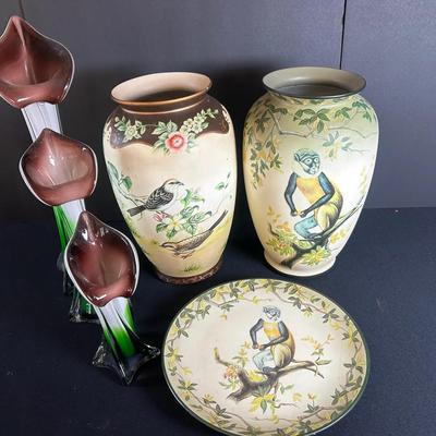 Painted Flowering Tree Decorated Bristol Glass Vases