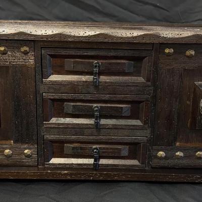 Lot 435: Vintage Wooden Jewelry or Trinket Chest with Lion Head Pulls and Metal Stud Detailing