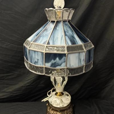 Lot 400: Vintage Blue & White Stained Glass Table Lamp with Ornate Metal Base and Crystal Finial