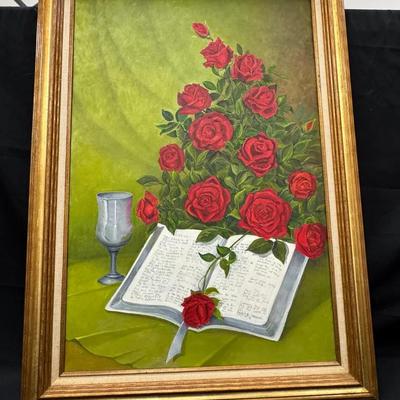 Lot 261: Bible Red Roses Oil Painting 31”x 43”