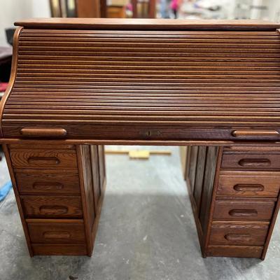 Lot 306: Tiger Oak Roll-Top Desk with Double Pedestals
