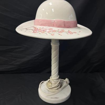 Lot 401: Edward P. Paul Hand-Painted Ceramic Hat Lamp with Pink Ribbon & Floral Design – Vintage Van