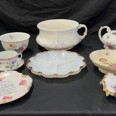 Lot 421: Vintage Floral Porcelain and China Lot – Cups, Bowls, Teapot, and Decorative Dishes