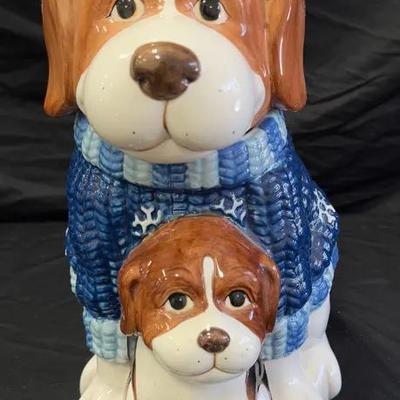 Lot 436: Adorable Ceramic Dog Cookie Jar – Mother and Puppy in Blue Sweater