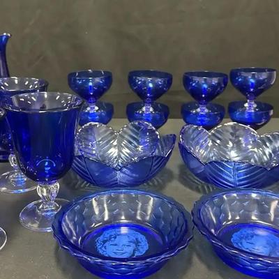 Lot 104:  Vintage Cobalt Blue Glassware Collection – Goblets, Bowls, Vases & Stemware Lot