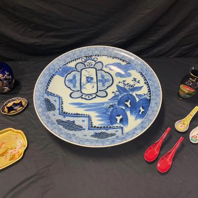 Lot 420: Asian Decorative Lot – Large Blue & White Charger Plate, Vases, Trays & Porcelain Spoons