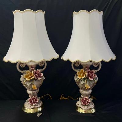 Lot 409: Pair of Vintage Ceramic Floral Table Lamps with Scalloped Shades – Pastel Roses & Gold Trim