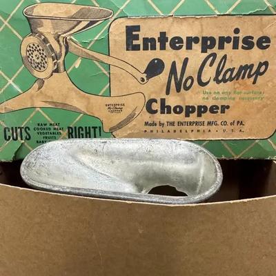Lot 111:  Vintage Enterprise “No Clamp” Meat & Food Chopper with Original Box
