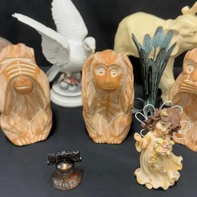 Lot 103:  Figurine & Decor Collection – See No Evil Monkey Trio, Angel, Elephant, Dove & Glass Orbs