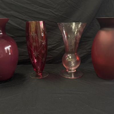 Lot 412: 4 Red and Cranberry Glass Vases – Mixed Styles Including Frosted and Etched Designs