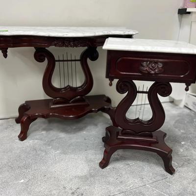 Lot 313: Pair of Victorian-Style Mahogany Lyre Base Marble-Top Tables