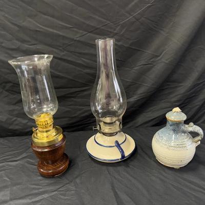 Lot 408: Lot of 3 Vintage Oil Lamps – Brass, Ceramic, and Pottery Wick Lamp Collection