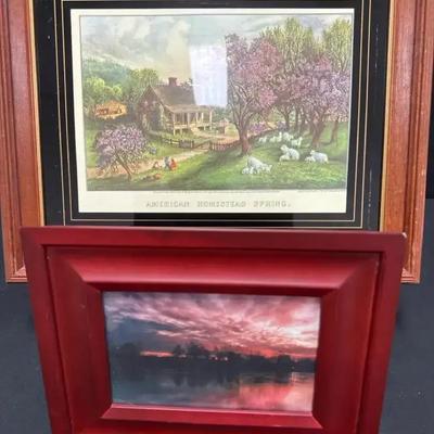 Lot 137:  Framed Art Duo – “American Homestead Spring” Print & Sunset Photograph