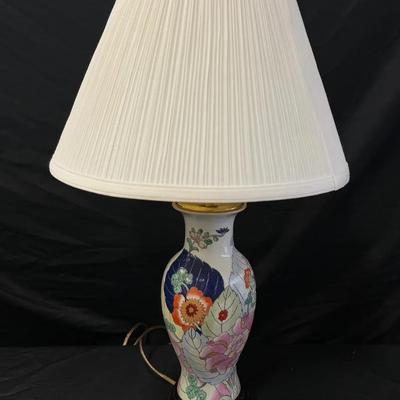 Lot 407: Vintage Asian Floral Porcelain Table Lamp with Pleated Shade – Hand-Painted Vase Design