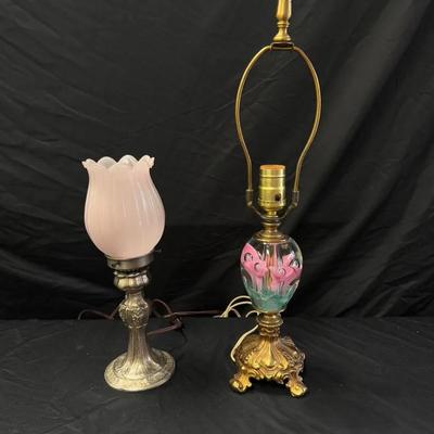 Lot 417: Pair of Vintage Decorative Table Lamps – Pink Glass Tulip Shade & Brass Floral Base Lamp