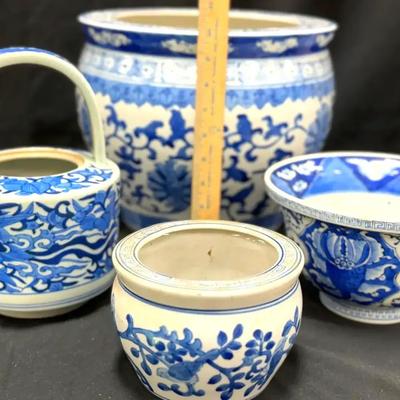 Lot 116:  Set of Blue and White Asian Porcelain Planters and Bowls – Hand-Painted Floral Motifs