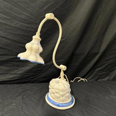 Lot 403: Vintage Cream and Blue Ceramic Gooseneck Table Lamp – Quilted Base with Floral Shade