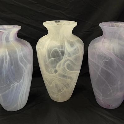 Lot 410: Set of 3 Hand-Blown Swirl Art Glass Vases – Lavender, White & Opalescent Satin Finish