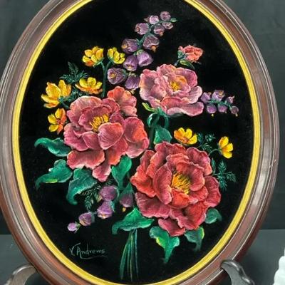Lot 135:  Vintage Velvet Floral Art by V. Andrews – Oval Framed Bouquet Painting