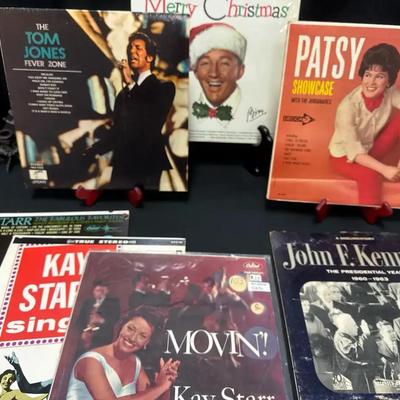 Lot 120:  Vintage Vinyl Record Lot – Tom Jones, Patsy Cline, Kay Starr, Bing Crosby & JFK Documentar