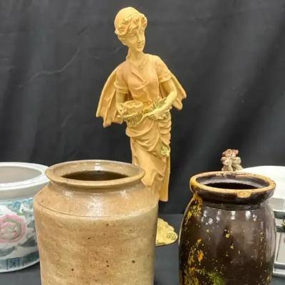 Lot 117:  Vintage Pottery Crocks and Ceramic Decor Lot (5 Pieces)