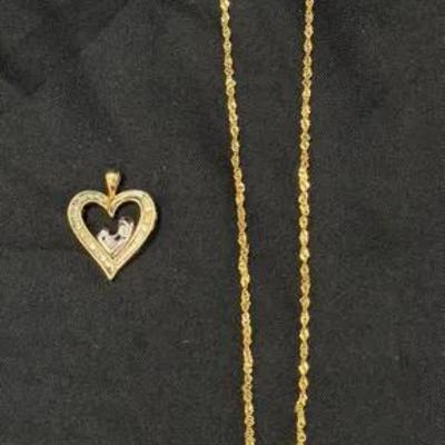 Lot 447: 14K Gold Chain with 10K Heart Pendant – 0.09 Grams, Clasp Broken
