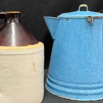Lot 126:  Vintage Stoneware Whiskey Jug and Blue Enamel Coffee Pot Pair