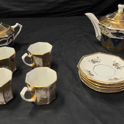 Lot 418: Antique German Miniature Tea Set – J.B. & N.W. Marked Porcelain, Gold Gilt Floral Pattern