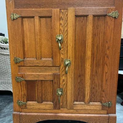 Lot 310: Antique Oak Ice Box Cabinet with Brass Hardware