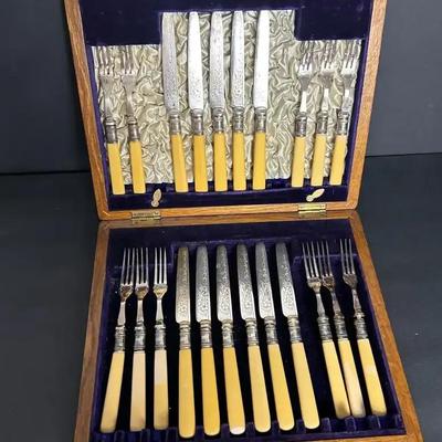 Antique English Fish Fork and Knife Service for 11 in Original Wood Box - Engraved, Ivorine Handles