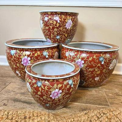 Chinese Fish Bowl Style Ceramic Planters (4)