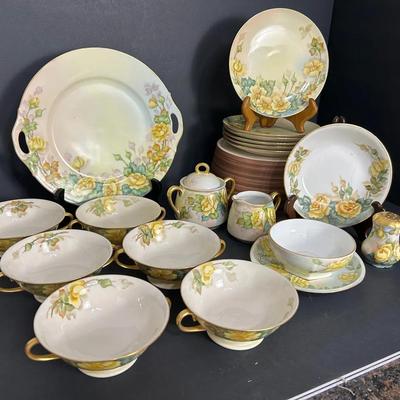 Hand Painted Yellow Porcelain Tableware - Cream Soup Bowls, Plates, Cream and Sugar, More