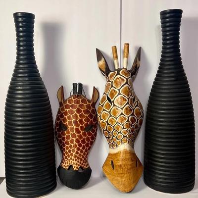 IKEA Havtorn Floor Vases 24”h Plus Wood Giraffe Masks