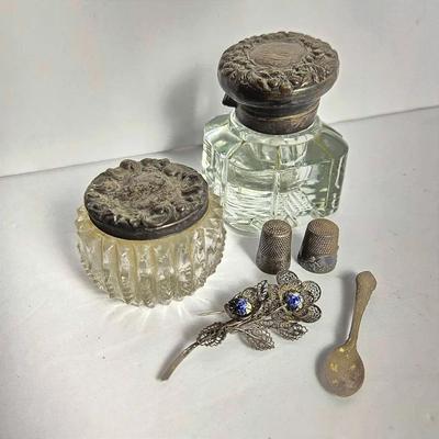 Sterling Silver Lidded Ink well & Jar, Thimbles & Brooches