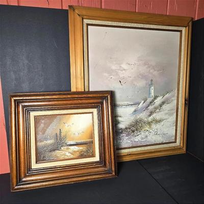 Signed Paintings: Lighthouse On Canvas & Beach Scene With Gulls
