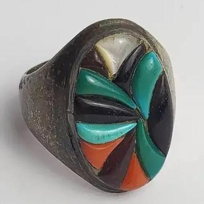 Zuni Richard and Geneva Terrazas Multi-Stone Intarsia Sterling Silver Ring - Size 11.75
