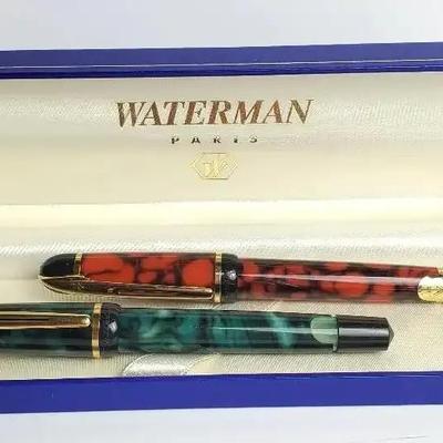Waterman Phileas Red Marble Fountain Pen (M Nib) & Green Marble Ballpoint Pen