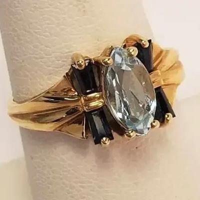 10K Gold Blue Topaz & Sapphire Ring - Size 7