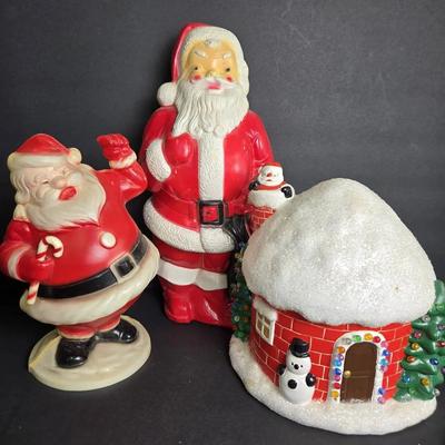 Vintage Ceramic Igloo Christmas Scene 9" + Hy-G Santa 9" & Empire Blow Mold Santa 13" (1960)