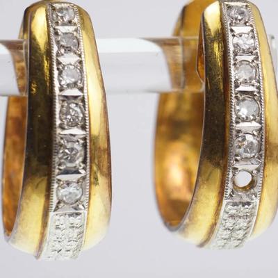 14K Gold Diamond Hinged Hoop Earrings - 7/8" Long