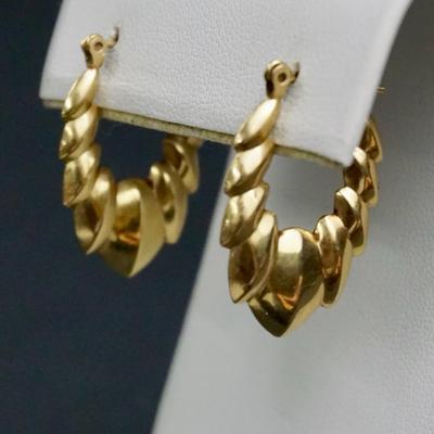 14K Gold Scalloped Hoop Earrings, Hollow - 1"