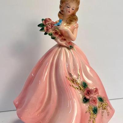Josef Originals “Summer” Doll – Pink Rose Gown, Blue Bird, 9" Vintage Figurine