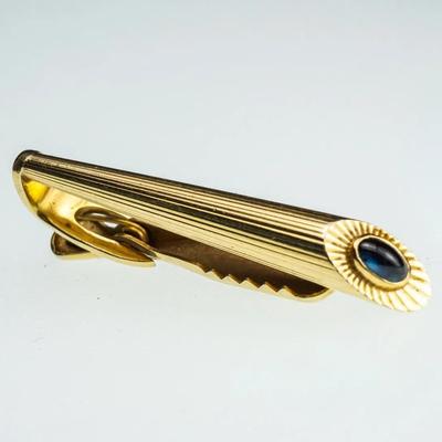 14K Gold Art Deco Tie Clip With Blue Cabochon - 1 5/8" Wide