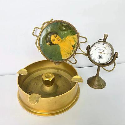 Brass Desk Nautical Clock 6", Regency Style Handheld Mirror 10" & 7" Retro Ashtray